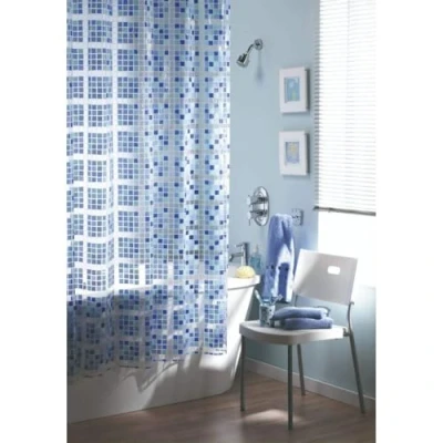 Image of Blue Canyon Mosaic Shower Curtains 100% Peva Curtain Anti Bacterial Surface Treatment Water Repellent Weighted Hem 180 X 180cm 12 Reinforced Eyelets with Hooks (Blue)