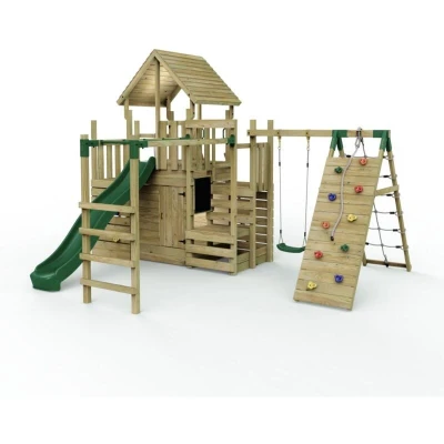 Image of Rebo® Children&#039;s Modular Wooden Climbing Frame Playset M26 Swings, Monkey Bars &amp; Den Outdoor Toys Sturdy Construction, Pressure Treated Timber