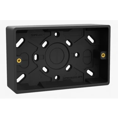 Image of SHP ELECTRICAL® Screwless Matt Black Metal 2 Gang 13A Switched Socket and 25mm Surface Mount Pattress Box (2 Back Box)