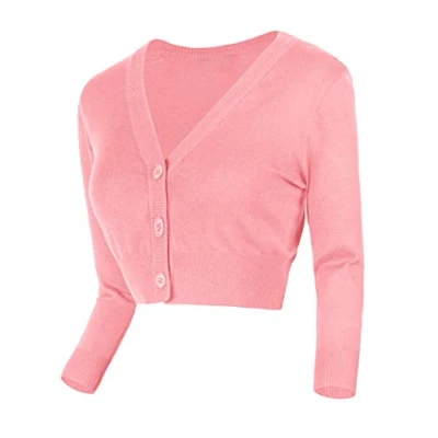 Image of Urban GoCo Women&#039;s 3/4 Sleeve Knitted Cropped Cardigan (L, Pink)