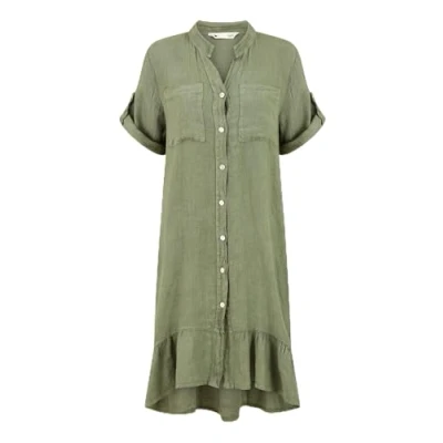 Image of Yumi Womens Navy Italian Linen Shirt Dress With Frill Hem Khaki Size Small