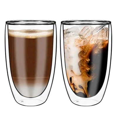 Image of Vinsani Edgy Double Walled Coffee Drink Glasses 470ml Set of 2 Heat Cold Resistant Minimalist Aesthetic Clear Borosilicate Glass Cup Latte Cappuccino Macchiato Tea Dessert Hot and Drinks