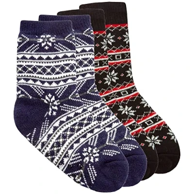 Image of Metzuyan Kids Boys Girls Fluffy Christmas Warm Fair Isle Pattern Sherpa Lining Bed Winter Socks with Grips Anti Slip 2 Pairs UK 4 6
