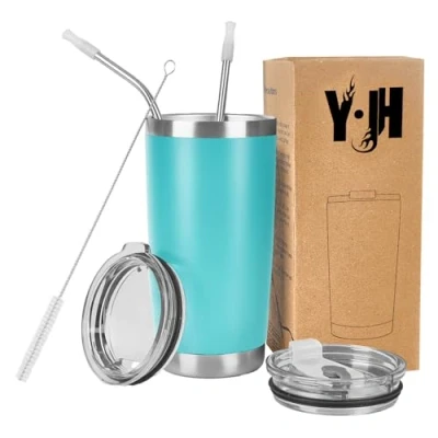 Image of Y·J&amp;H 20oz (550ml) Travel Tumbler Double Wall Vacuum Insulated Coffee Mug Stainless Steel Cup with 2 Splash Proof Lid, Straws &amp; Free Cleaning Brush, BPA Turquoise