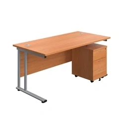 Image of 1600X800 Twin Rectangular Desk Beech Silver + Mobile 3 Drawer Ped