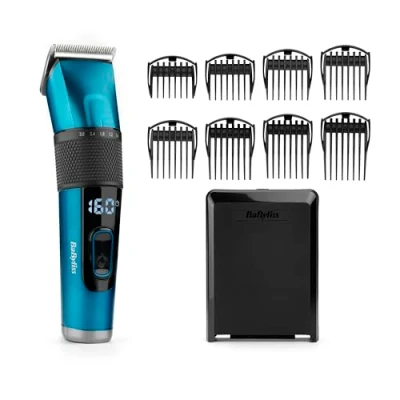 Image of BaByliss Japanese Steel Digital Hair Clipper, Lithium Cordless/Corded, 45 Cutting lengths, LED screen, blue