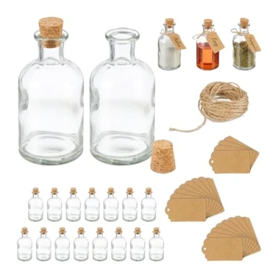 Image of Relaxdays Decorative Bottles, Set of 20, Jars with Cork, 60 ml, for Filling, Spice Glasses, Transparent/Natural, 11.5 x 6 cm