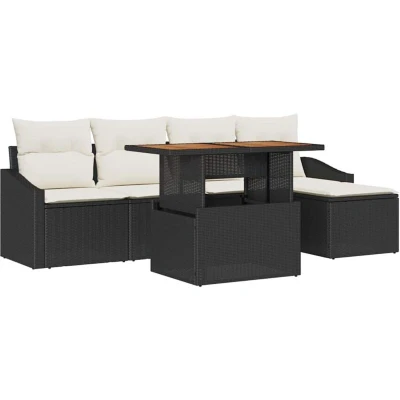 Image of vidaXL 6 Piece Garden Dining Set with Cushions Black Poly Rattan Acacia