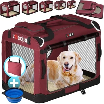 Image of Cadoca® S Dog Crate 50x35x35cm Foldable Breathable Car Pet Transport Box Travel Robust Vet Holiday Cat Carrier Puppy Kitten Rabbit Dark Red