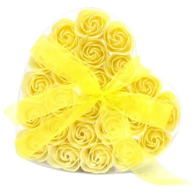 Image of Set of 24 Soap Flower Heart Box Yellow Roses