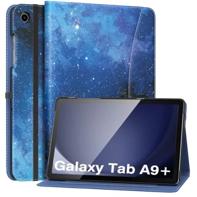 Image of MoKo Case for Samsung Galaxy Tab A9 Plus 11&quot; 2023 (SM X210/SM X216/SM X218), PU Leather Multi Angle Viewing Folding Stand Cover with Hand Strap, Front Pocket, Auto Wake/Sleep, Blue Starry Sky