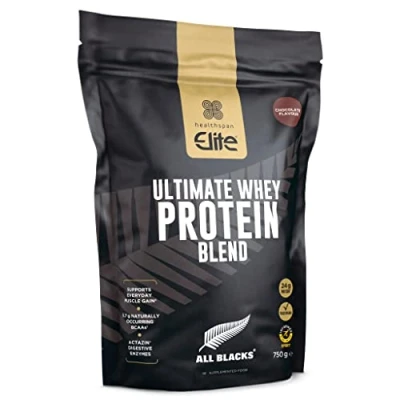 Image of Healthspan Elite All Blacks Ultimate Whey Protein Blend (750g) Concentrate &amp; Isolate Proteins 24g Per Serving Muscle Gain 5.7g BCAAs Contains Actazin Vegetarian (Chocolate)