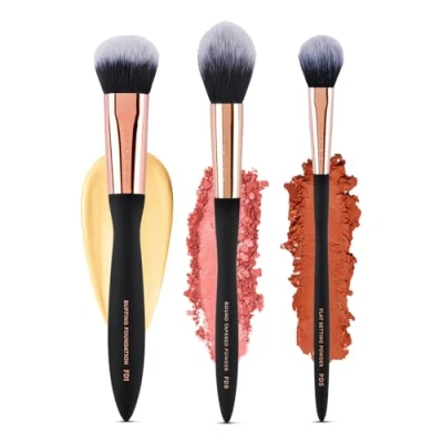 Image of Profusion Cosmetics Artistry Face Essentials 3 Piece Wave Handle Brush Set for Flawless and Elegant Look, Enhance Your Beauty with Essential Luxurious Vegan Makeup Brushes