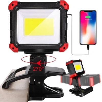 Image of LED Rechargeable Work Light, 2100LM COB Magnetic Clip on Worklight 270Rotating with Mobile Charger&amp;3 Light Modes Portable Clamp Waterproof Cordless for Car Repairing Job Site Lighting