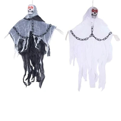 Image of SHATCHI 2Pcs 90cm Skeleton in Chain Scary Poseable Hands Flying Ghost Skull Halloween Hanging Decoration Grim Reaper Haunted House Prop Spooky, Polyester, Black &amp; White, 3Ft