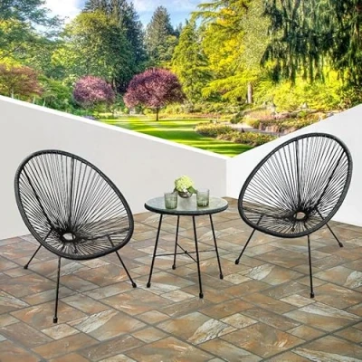 Image of RayGar 3pcs Bistro Egg Designer String Chair Indoor &amp; Outdoor Garden Set (Black)