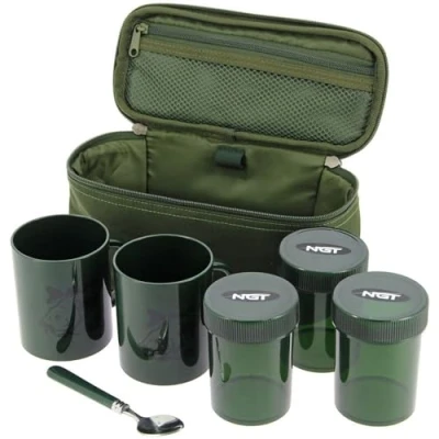 Image of NGT Bank Side Brew KIT 2 Cups 3 POTS Tea Spoon CASE CARP Fishing Tackle Camping