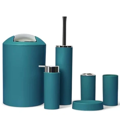 Image of GMMH 6 Piece bathroom accessory set, soap dispenser, holder, toilet brush, dark turquoise, design 2a