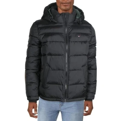 Image of Tommy Hilfiger Men&#039;s Classic Hooded Puffer Jacket Down Alternative Outerwear Coat, Pearlized Black, XL