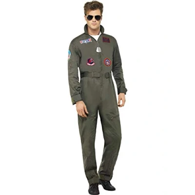 Image of Smiffys Top Gun Deluxe Men&#039;s Costume, Full Costume Adult Green Jumpsuit, Dog Tags &amp; Sunglasses, Official License Outfit, Halloween Fancy Dress
