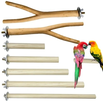 Image of Allazone 7 PCS Natural Parrot Perch Bird Stand Fork Parakeet Climbing Standing Branches Toy for Small Lovebirds Budgies Cockatiels