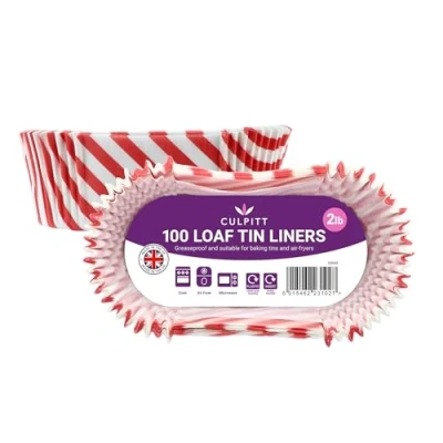 Image of Culpitt 2lb Loaf Tin Liners Red Stripe 100 Pack Greaseproof Paper Cake Liner for Baking Bread and Cakes, Air Fryer Liner, Made in The UK