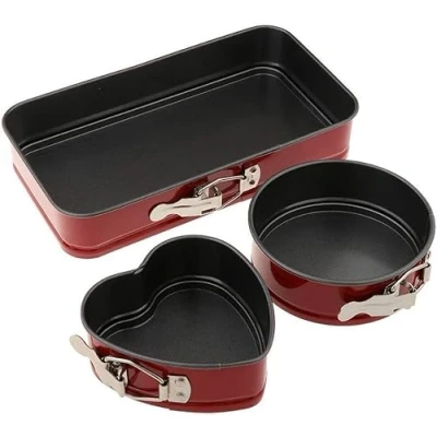 Image of Set of 3 Non Stick Bakeware Cake Tins Set, Leakproof Springform Baking Tray, Heart Round Square Bake Kitchen Craft Supplies (Red)