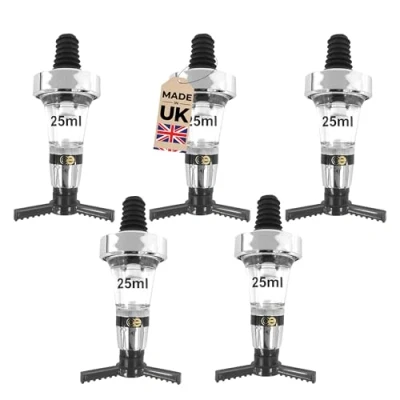 Image of Pack of 5 Universal Solo Bar Optic Measures for Spirits CE Stamped Measure British Made Ideal Home and Commercial Bars (25ml Chrome, 5)