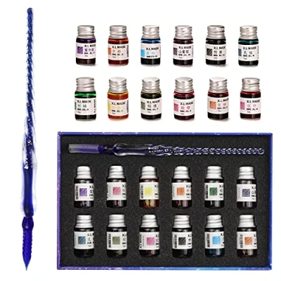 Image of AOKUY Glass Pen Set Calligraphy Dip Pens,12 Colorful Inks,Caligraphy Sets for Art, Writing, Signature, Decoration, Gift