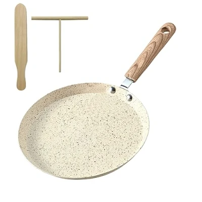 Image of Crepe Pan with Non Stick Coating 22 cm: Pancake Cast Aluminium Dough Splitter and Wooden Scoop, Induction for Other Heat Sources (Apricot)