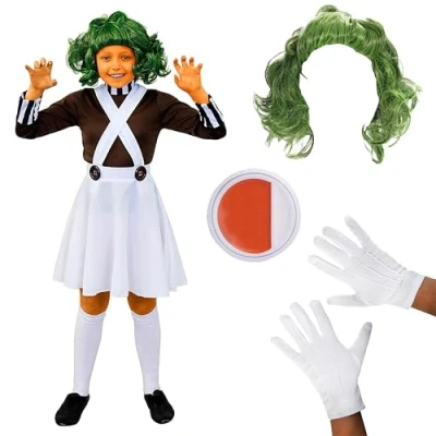 Image of Girls Chocolate Factory Worker Costume Small Brown Top, White Skirt, Green Wig, Gloves and Orange &amp; Facepaint Kids World Book Day Week Fancy Dress