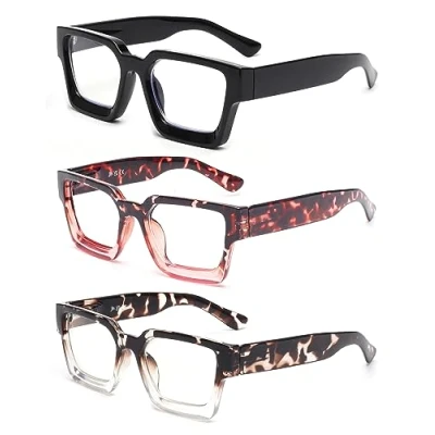 Image of JM 3 Pack Square Reading Glasses for Women Men, Oversized Rectangle Spring Hinge Readers Blue Light Blocking +1.5