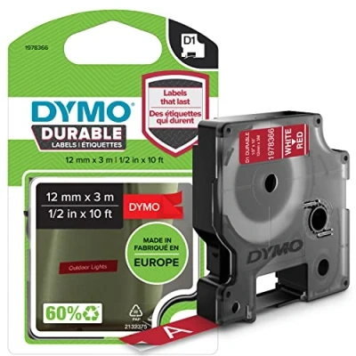 Image of DYMO Authentic D1 Durable Labels Black Print on Red Tape 12 mm x 3 m Labelling for LabelManager Label Makers