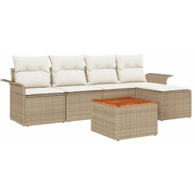 Image of vidaXL 6 Piece Garden Sofa Set with Cushions Beige Poly Rattan Acacia