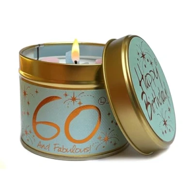 Image of Lily Flame &#039;Happy Birthday 60&#039; Tin Candle Elegant Gold on Sparkling White with Refined, Sweet Floral, Powdery Scent Cruelty Free and Vegan Friendly