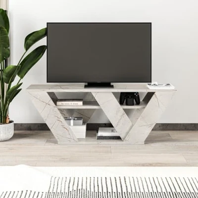 Image of Pipralla Modern tv Stand Multimedia Centre Unit With Shelves 110cm Gold Marble Effect Lagina Decortie