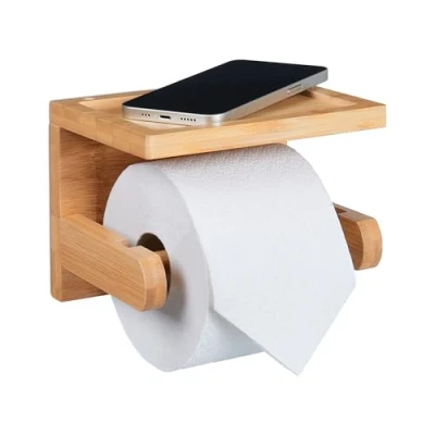 Image of Relaxdays Toilet Roll Holder, no Drilling, Adhesive, Wall Mounted, Bamboo, with Shelf, 12.5 x 16.5 cm, Natural
