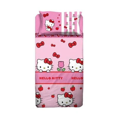 Image of hermet Hello Kitty Single Bed Sheet Set, Top Sheet, Fitted Pillowcase, Pink, 100% Cotton, Official Product