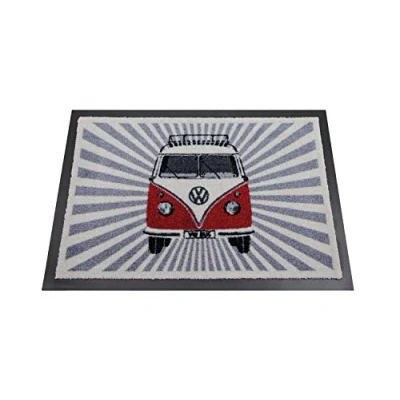 Image of BRISA VW Collection Volkswagen Foot Mat Doormat Rug Shoe Dirt Trapper with T1 Bus Campervan Motif (Samba Stripes/Red)