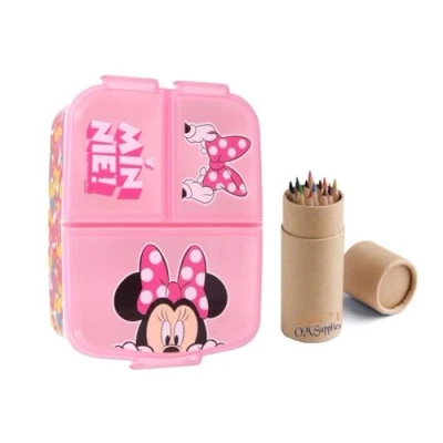 Image of OM SUPPLIES Minnie Reusable Sandwich Lunch Box 3 Multi Compartment Kids Children School Includes Half Size 12pcs Pencil Set (Minnie 1)