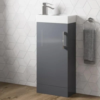 Image of AURORA® 400mm Freestanding Vanity Unit Furniture, Wash Basin Bathroom Sink, Soft Close Door, Storage Cabinet, Reversible, Grey Gloss