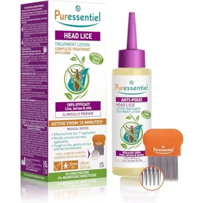 Image of Puressentiel Head Lice Treatment Lotion &amp; Comb Kills 100% in Just 10 minutes Natural Formula Easy To Apply 100ml For kids Adults Cruelty Free