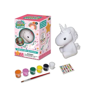 Image of Buddy &amp; Barney Paint Your Own Unicorn Light Up LED Flashing Toy with Stick on Gems, Paints Paintbrush.