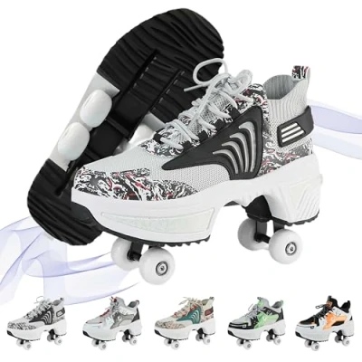 Image of NKWVHI Roller Skate Shoes for Kids/Adult,2 In 1 with Wheels Girls,Roller 4 Retractable Wheels,Roller Skates Girls,Boys,Children,Teenagers,Adult