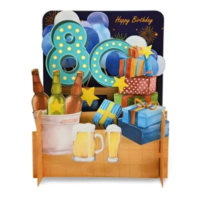 Image of Happy 80th Birthday Beer &amp; Presents 3D Pop Up Greeting Card by Alljoy Cards MN048