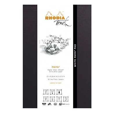 Image of RHODIA TOUCH 116105C White Maya Pad A4+ New Ruler Cross&#039;N&#039;Dot 50 Sheets Clairefontaine Paper 120 g/m for Calligraphy and Drawing in Pencil, Liner, Pen