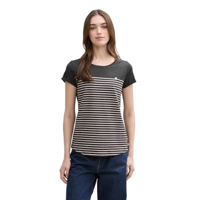 Image of TOM TAILOR Denim Women&#039;s Striped T shirt with heart print 1012686, 19022 Dark Grey Rose Stripe, M