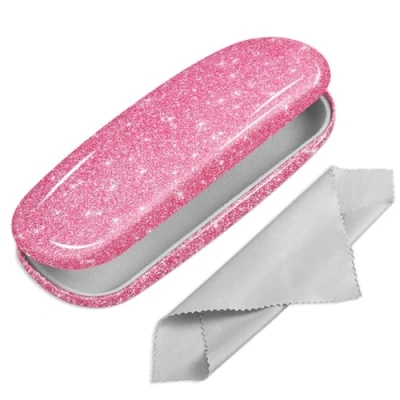 Image of FINTIE Hard Shell Eyeglasses Case, Portable Protective Glasses Cover Eyeglass Holder Box with Cleaning Cloth for Men Women, Glittering Pink, S