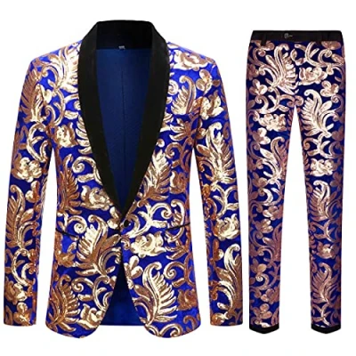 Image of CARFFIV Men Fashionable Floral Pattern Sequins Two Pieces Set Suits (Blue, XL)
