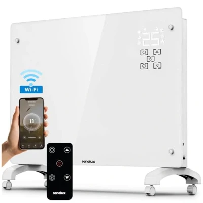 Image of Senelux 2000W Electric Glass Panel Heater, WiFi Smart Convection with Adjustable 3 Heat Settings Thermostat APP/Remote Control, Energy Efficient Radiator, Wall Mounted or Free Standing, White
